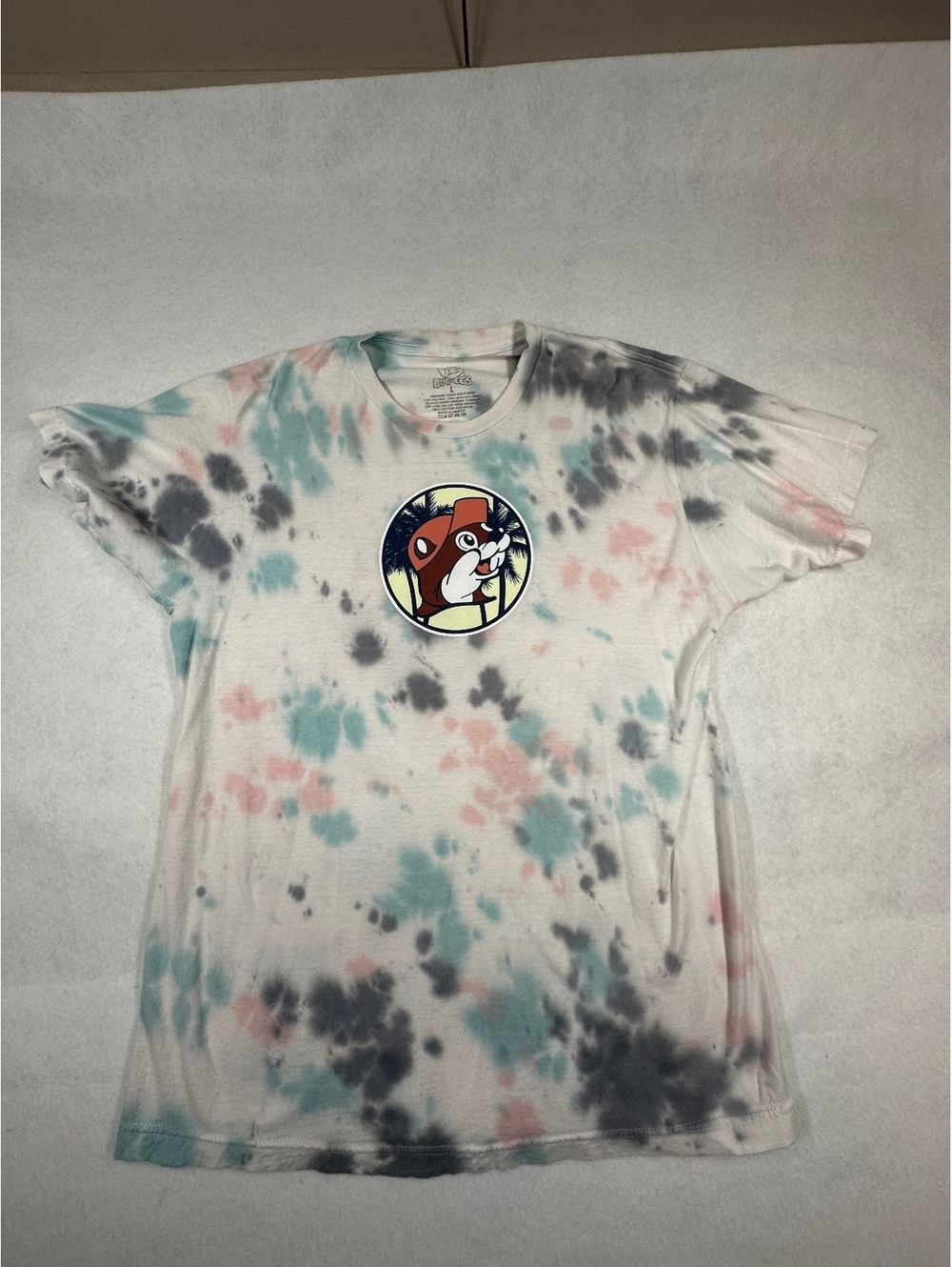 Buc-ee's Tie-Dye Graphic T-Shirt with Cartoon Beaver and Vintage Truck, Large